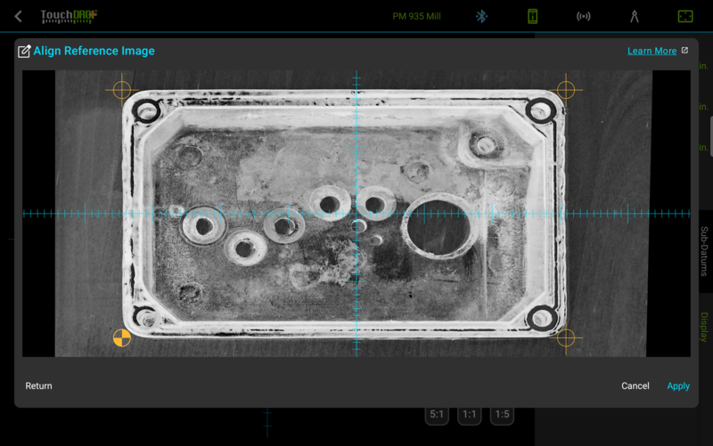 Fig. 4: The corrected image in the preview, with the four locked reference marks Preview screen showing the perspective corrected enclosure photo with four orange crosshair marks at its corners, Return and Apply buttons below