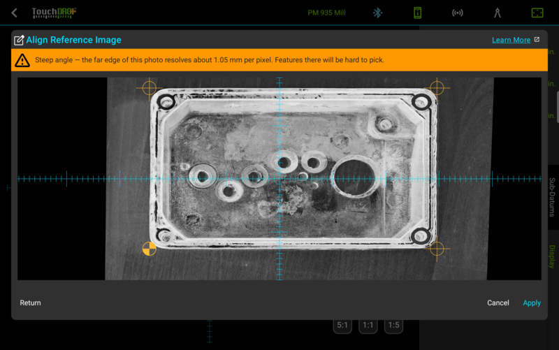Fig. 5: The steep-angle warning, triggered here by entering a coordinate as 120 inches rather than 120 mm Preview screen with an orange steep angle warning banner above the corrected enclosure photo, citing 1.05 millimeters per pixel