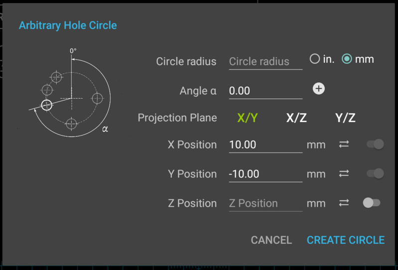 Fig. 2: Arbitrary Hole Circle Dialog in Advanced