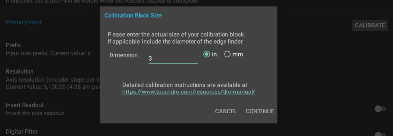 DRO calibration wizard dimention entry screen