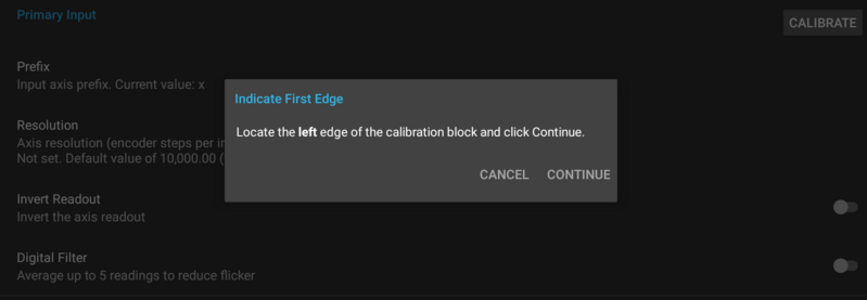 DRO calibration dialog with instructions to indicate the first edge