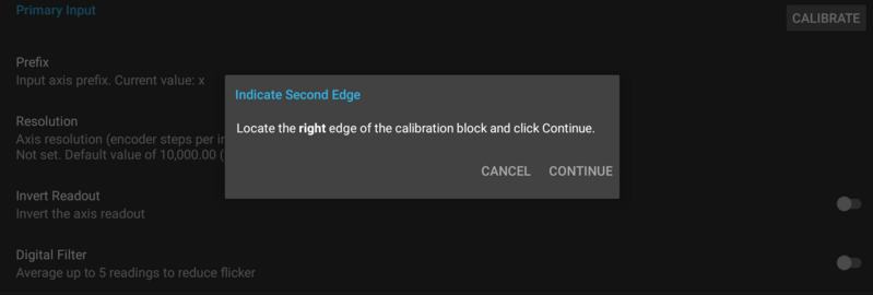 DRO calibration dialog with instructions to indicate the second edge