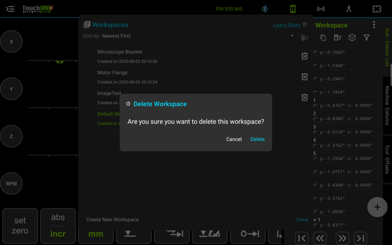 Fig. 3: Delete Workspace Confirmation Delete Workspace confirmation dialog layered over the Workspaces list asking to confirm before removing the selected workspace