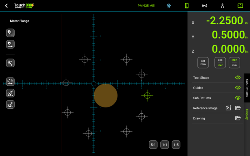 Fig. 6: The Display Panel with all layers visible TouchDRO Display panel with Tool Shape, Guides, Sub-Datums, Reference Image, and Drawing rows all shown and their eye toggles visible