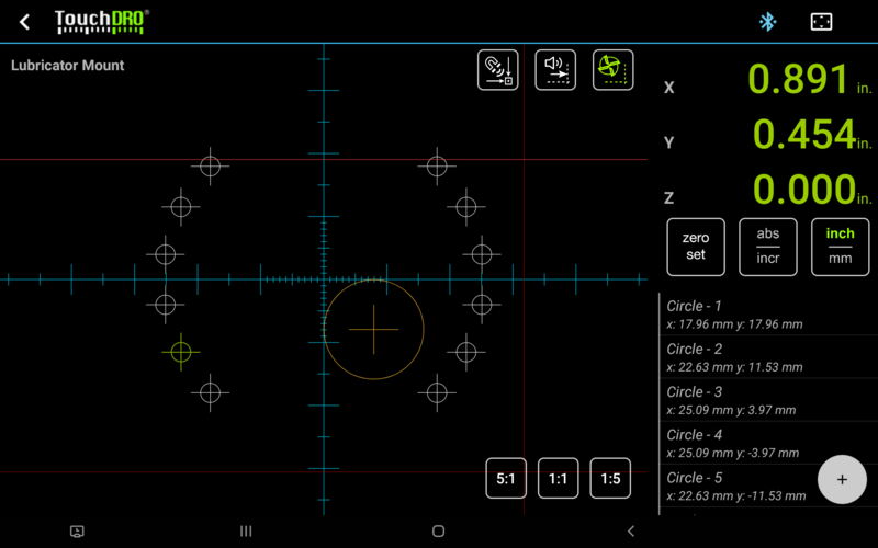 TouchDRO graphical view display shows 2-dimensional projection view of the current workspace