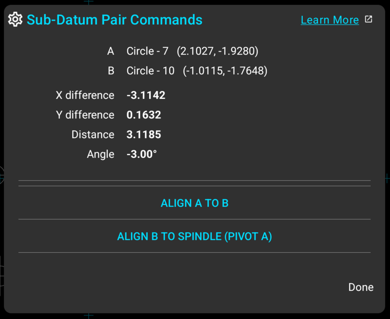 Fig. 9: Sub-Datum Pair Commands Dialog Sub-Datum Pair Commands dialog showing X and Y differences, distance, and angle between two selected circles, with Align A to B below