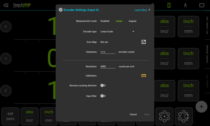 The Encoder Settings dialog for input X The Encoder Settings dialog for input X, with measurement mode, encoder type, resolution, calibration, and counting direction