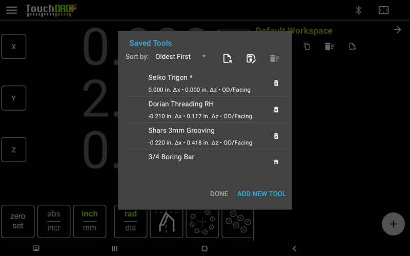 Fig. 1: TouchDRO Saved Tool Offset List