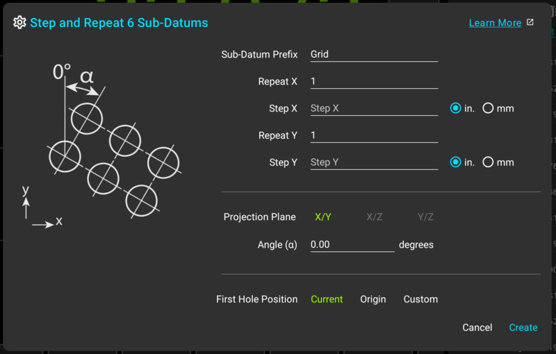 Fig. 4: Step and Repeat Dialog Step and Repeat dialog for six sub-datums with a grid diagram angle field and first hole position set to current