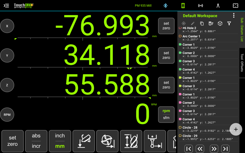 Fig. 1: DRO screen with the sub-datum list expanded; the colored marks on the rows are tags TouchDRO main screen with the sub-datum list panel expanded showing rows with colored tag marks for holes corners and circles