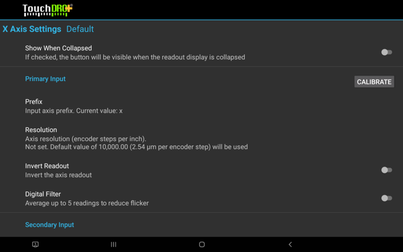 TouchDRO Axis Settings Screen