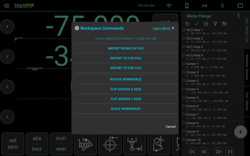 Fig. 2: Workspace Commands Dialog Workspace Commands dialog listing origin alignment CSV and DXF export and geometry commands over the Motor Flange sub-datum list