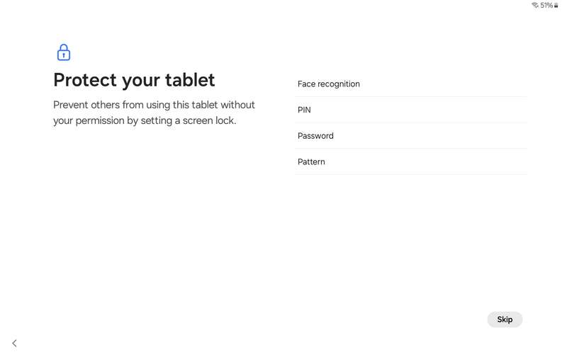 Tablet setup screen