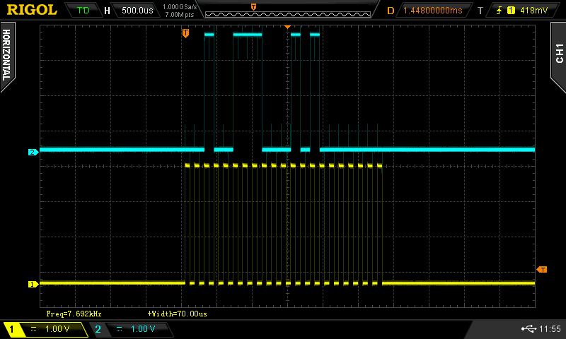 Oscilloscope screen capture of iGaging 21-Bit protocol